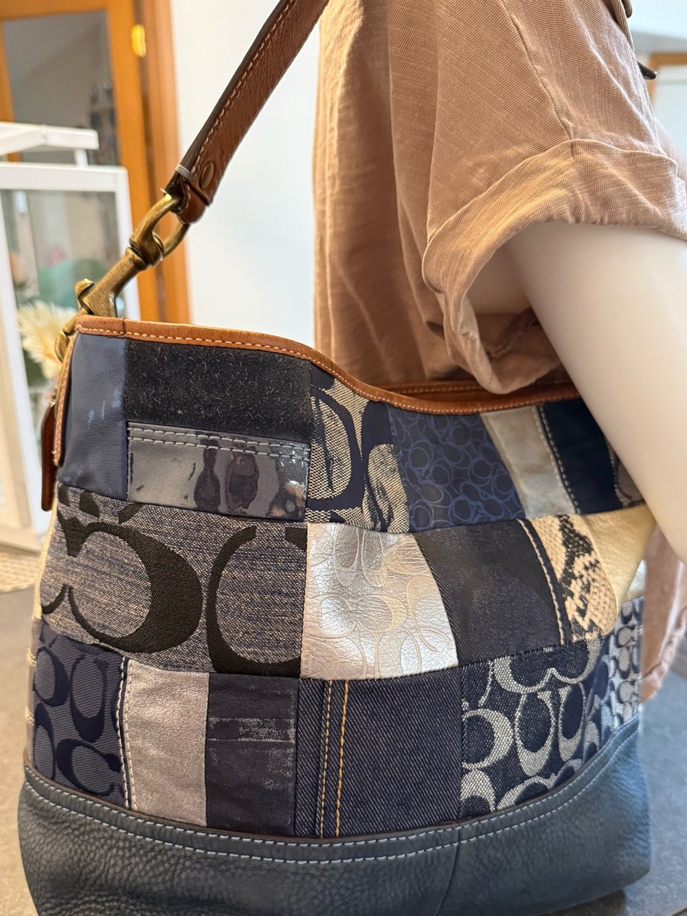 Coach Vintage E063-10003 Patchwork Navy, Tan & Silver Y2K Hobo Shoulder Bag
